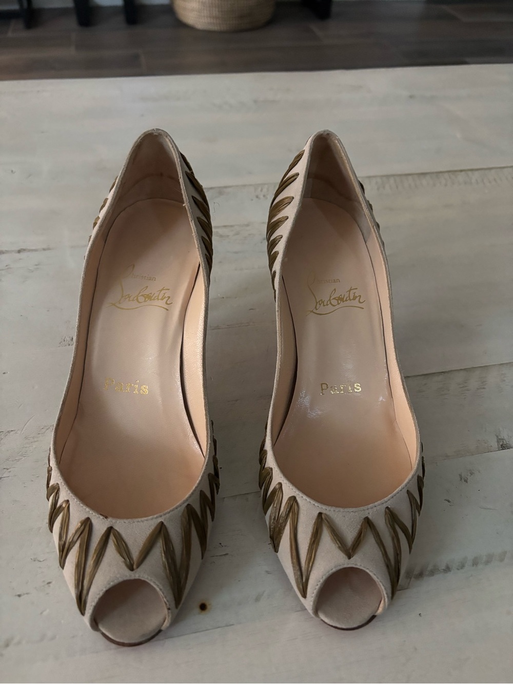 Christian Louboutin Beige Peep-Toe Pumps with Gold design
